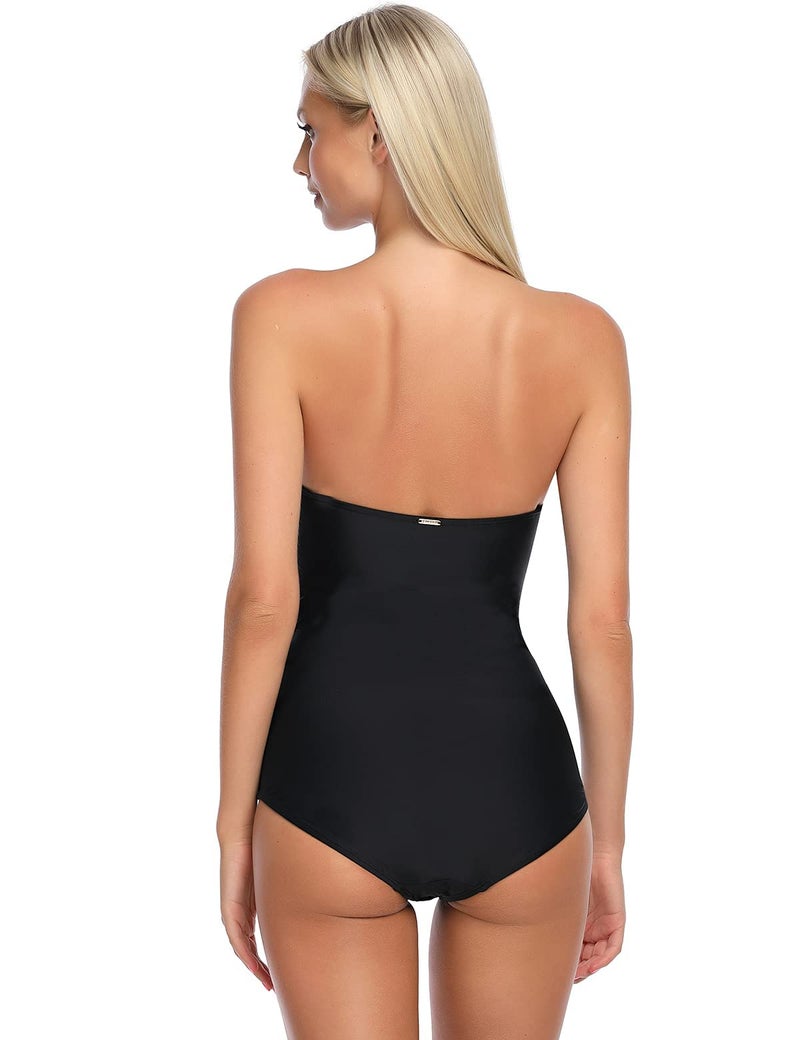 RELLECIGA Women's Tummy Control One Piece Swimsuit Bandeau Strapless Ruched Bathing Suits(Black,XLarge) - Image 5